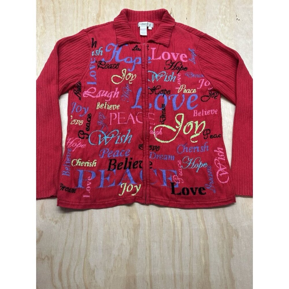 Coldwater Creek Novelty Ugly Christmas Cardigan Sweater Sz L Festive Words Print